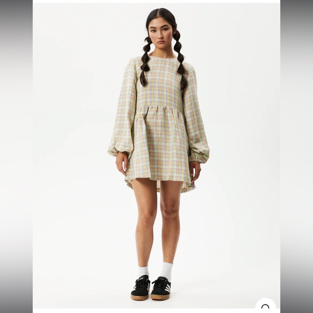 Afends Kali Plaid along Sleeve Mini Dress Open Back Hemp Fabric Sz M Pockets